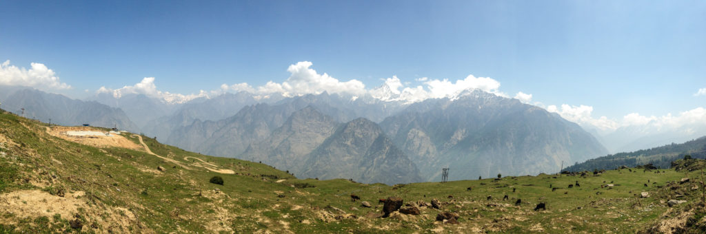 Himalayan ranges and green meadows at Auli in summer, uttarakhand