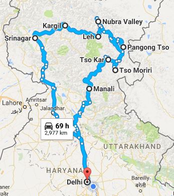 Route Map for Leh Ladakh road trip from Delhi